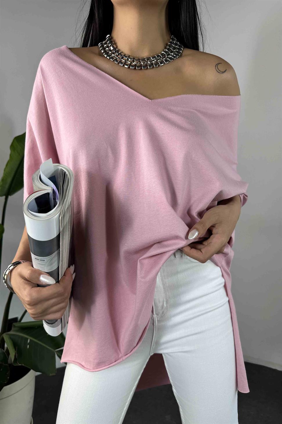 Lüks Kalite Viskon Kumaş Lazer Kesim Oversize Tişört Pembe