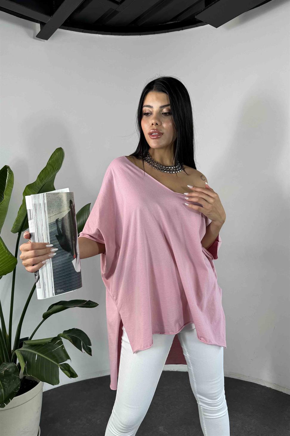 Lüks Kalite Viskon Kumaş Lazer Kesim Oversize Tişört Pembe