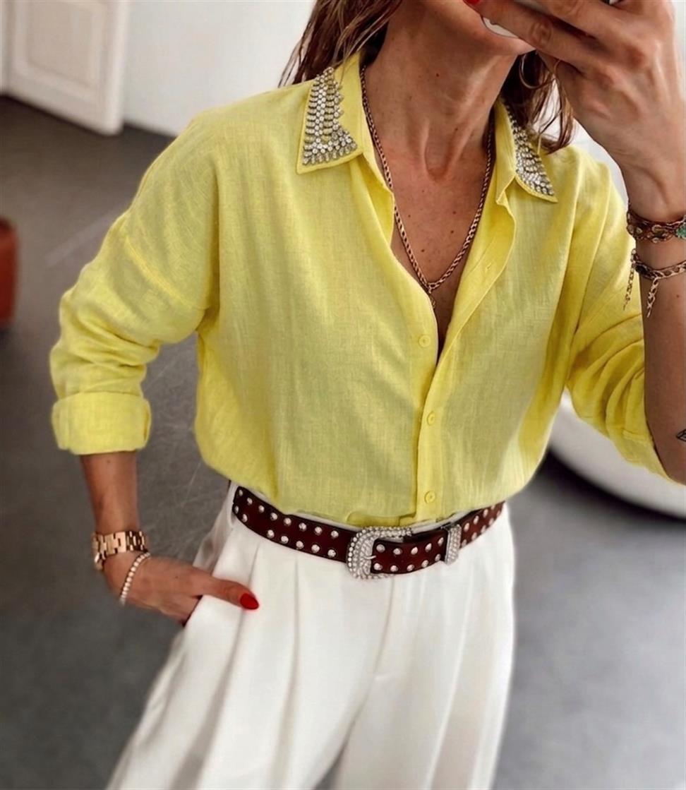 Lüks Kalite Yakası Taşlı Oversize Gömlek Sarı