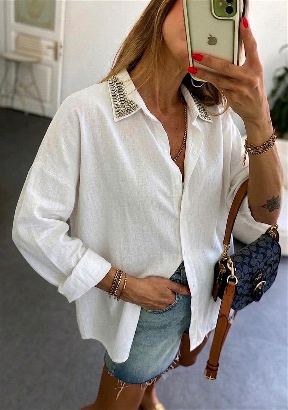 Lüks Kalite Yakası Taşlı Oversize Gömlek Beyaz