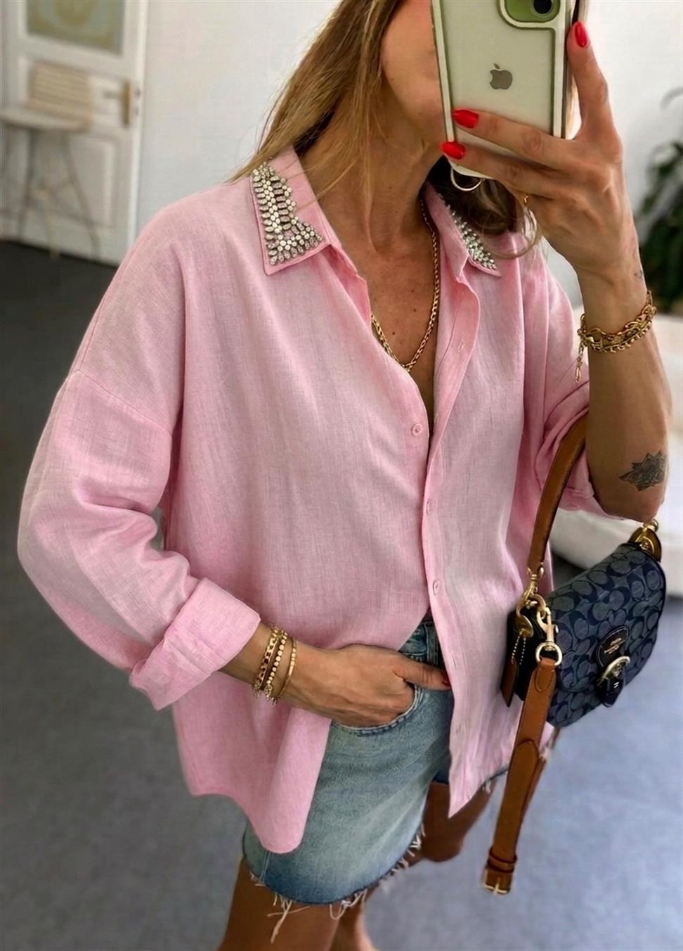 Lüks Kalite Yakası Taşlı Oversize Gömlek Pembe