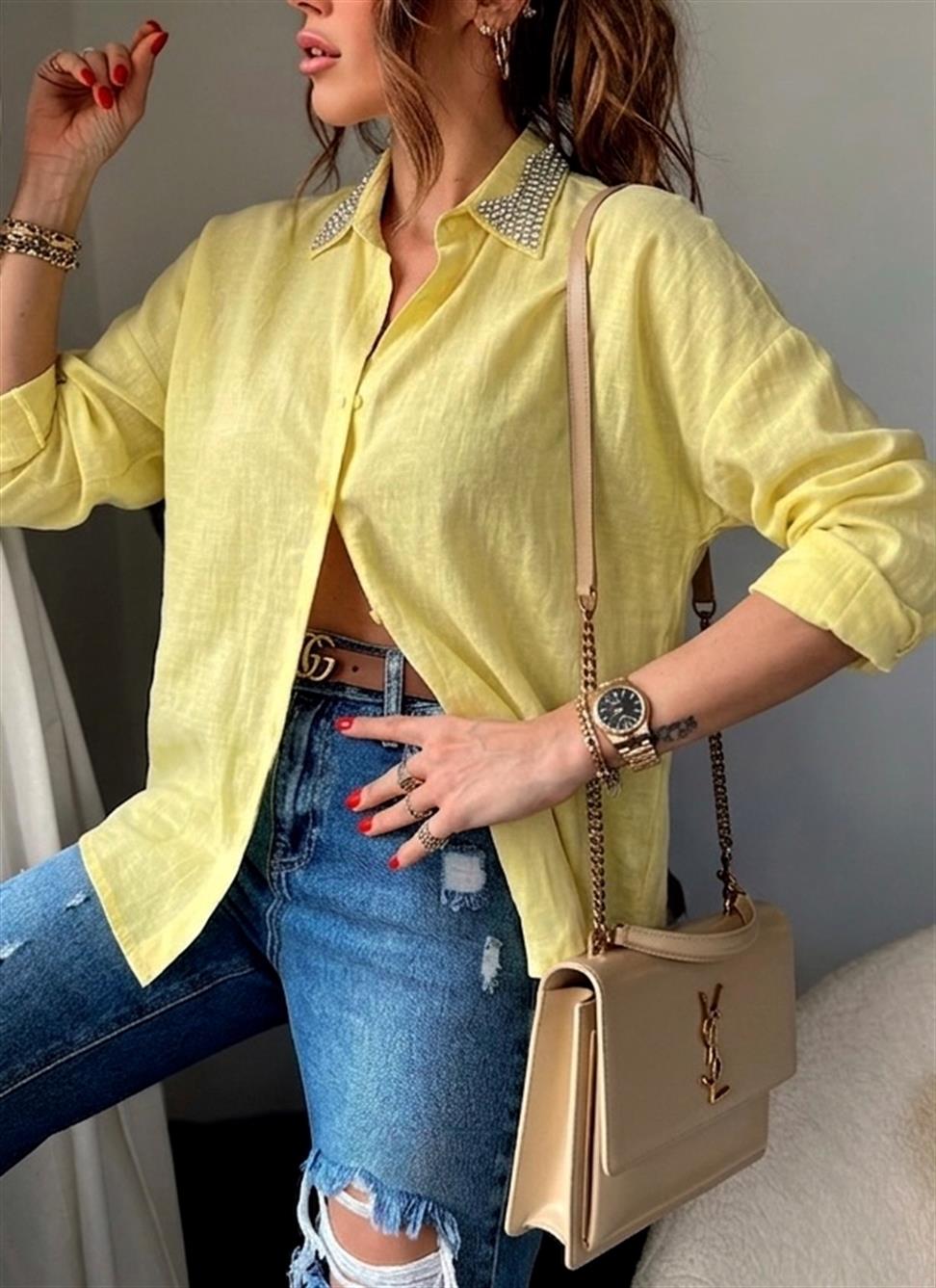 Lüks Kalite Yakası Taşlı Oversize Gömlek Sarı