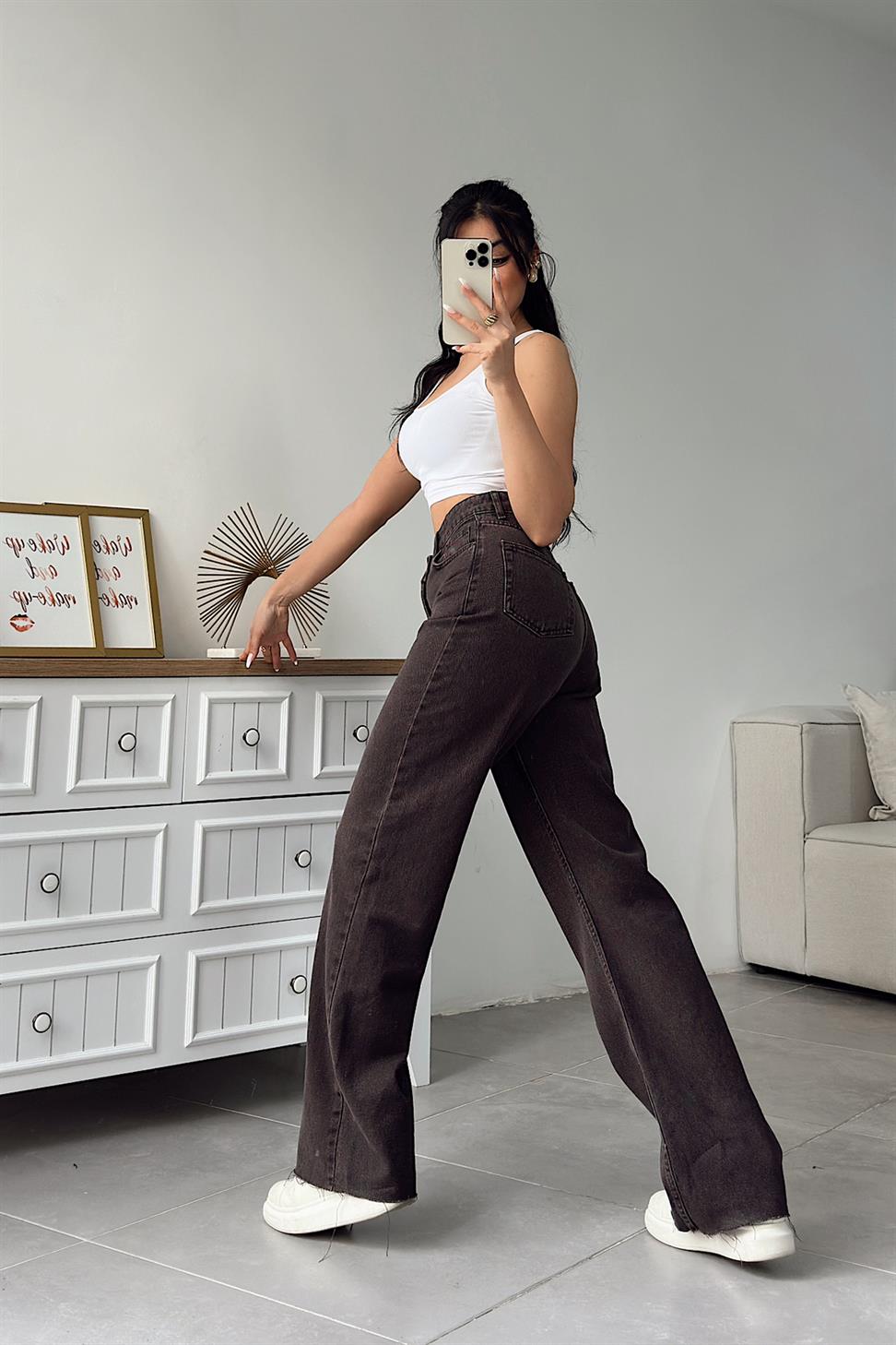 Lüks Kalite Yıkamalı Lazer Kesim Straight Jean Pantolon Kahverengi