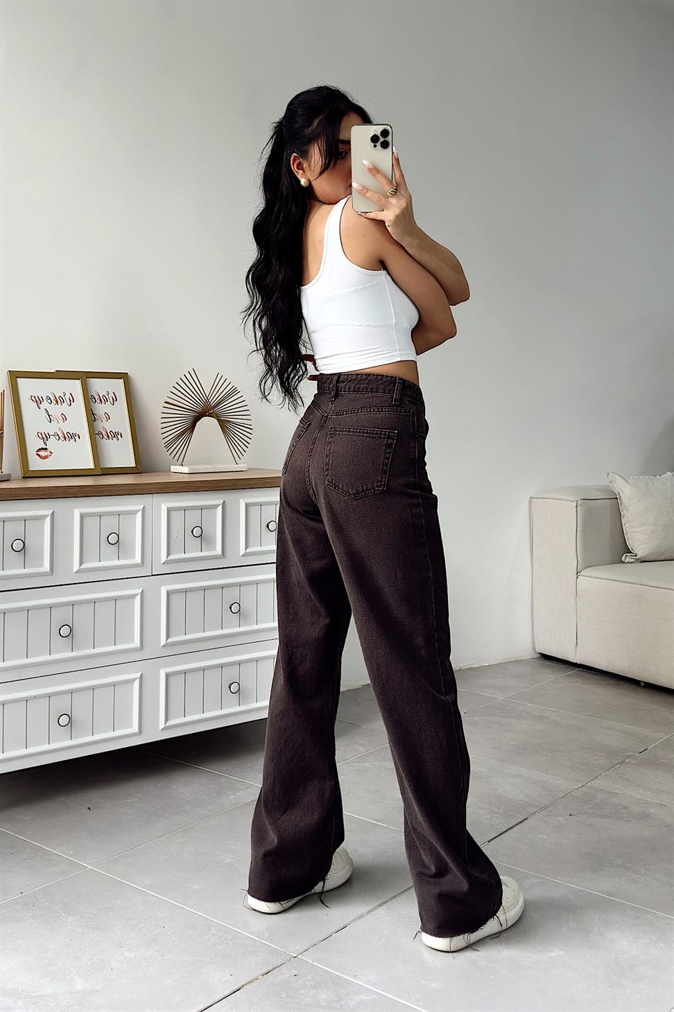 Lüks Kalite Yıkamalı Lazer Kesim Straight Jean Pantolon Kahverengi