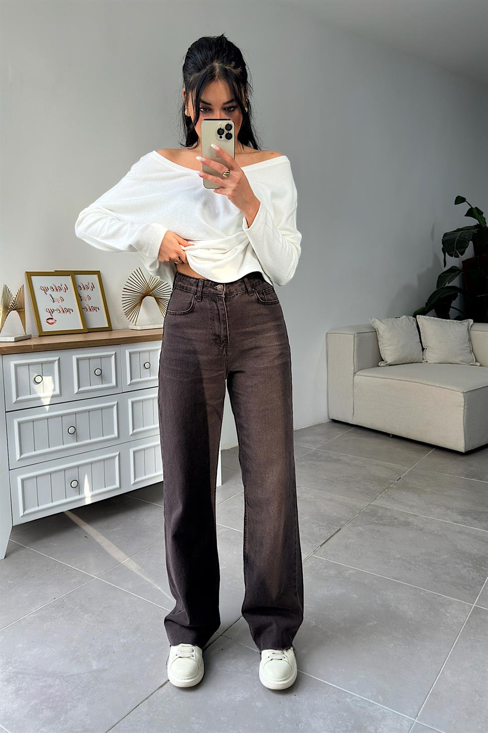 Lüks Kalite Yıkamalı Lazer Kesim Straight Jean Pantolon Kahverengi