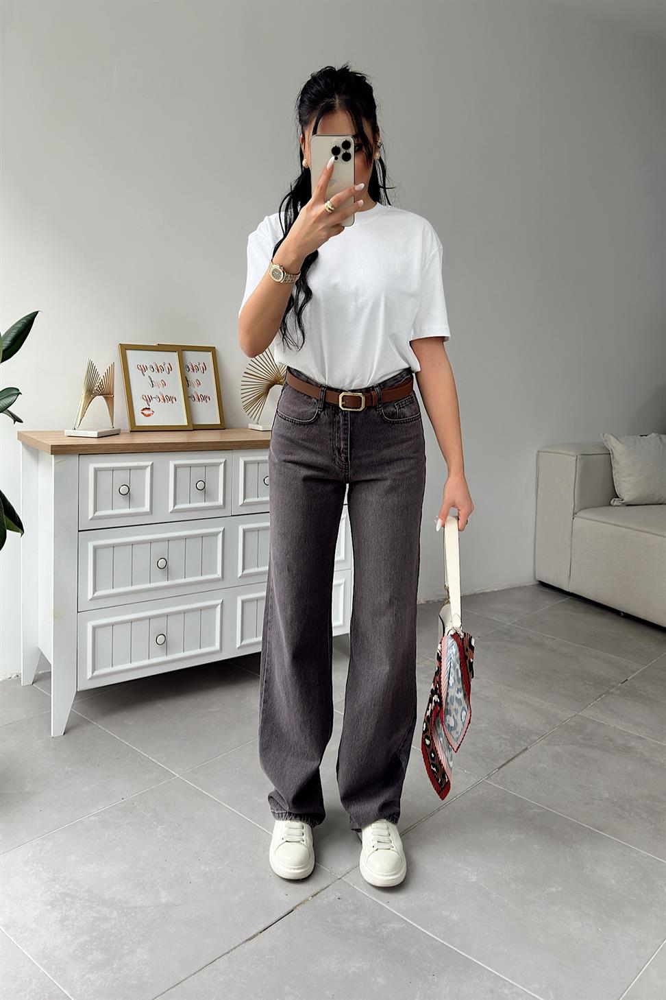 Lüks Kalite Yüksek Bel Wide Leg Jean Pantolon Melanj Kahve