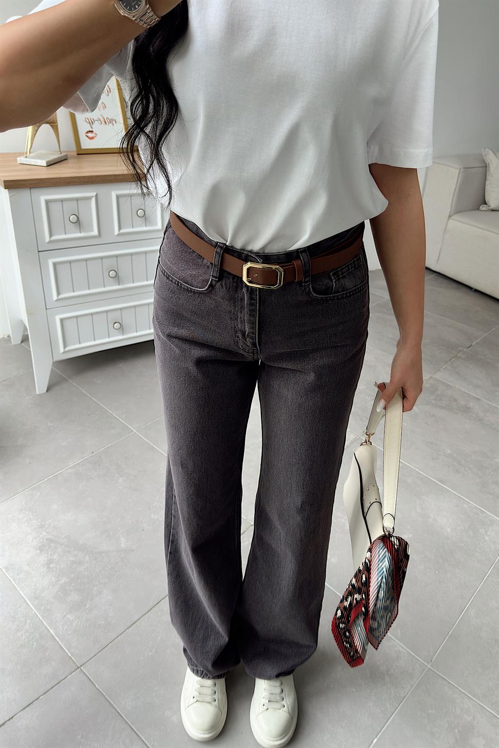 Lüks Kalite Yüksek Bel Wide Leg Jean Pantolon Melanj Kahve