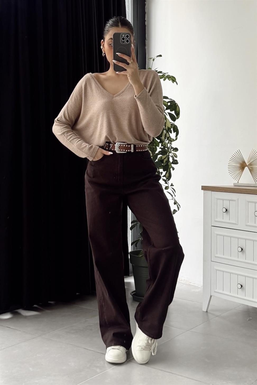 Lüks Kalite Yüksek Bel Wide Leg Jean Pantolon Fındık Kabuğu