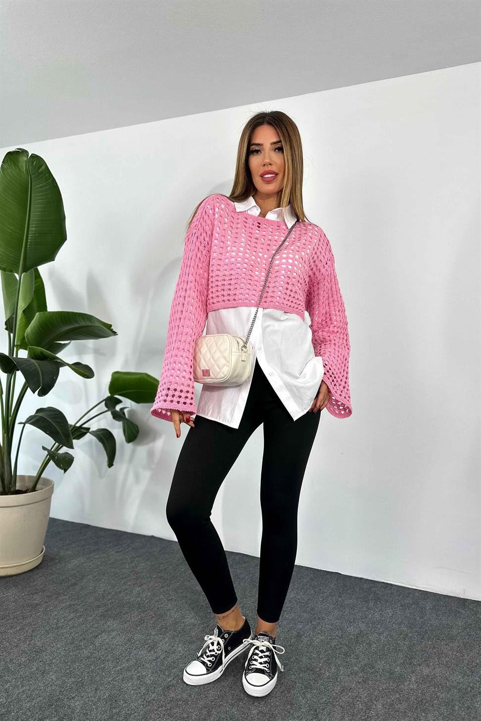 Ajurlu Oversize Örme Triko Crop Kazak Şeker Pembesi