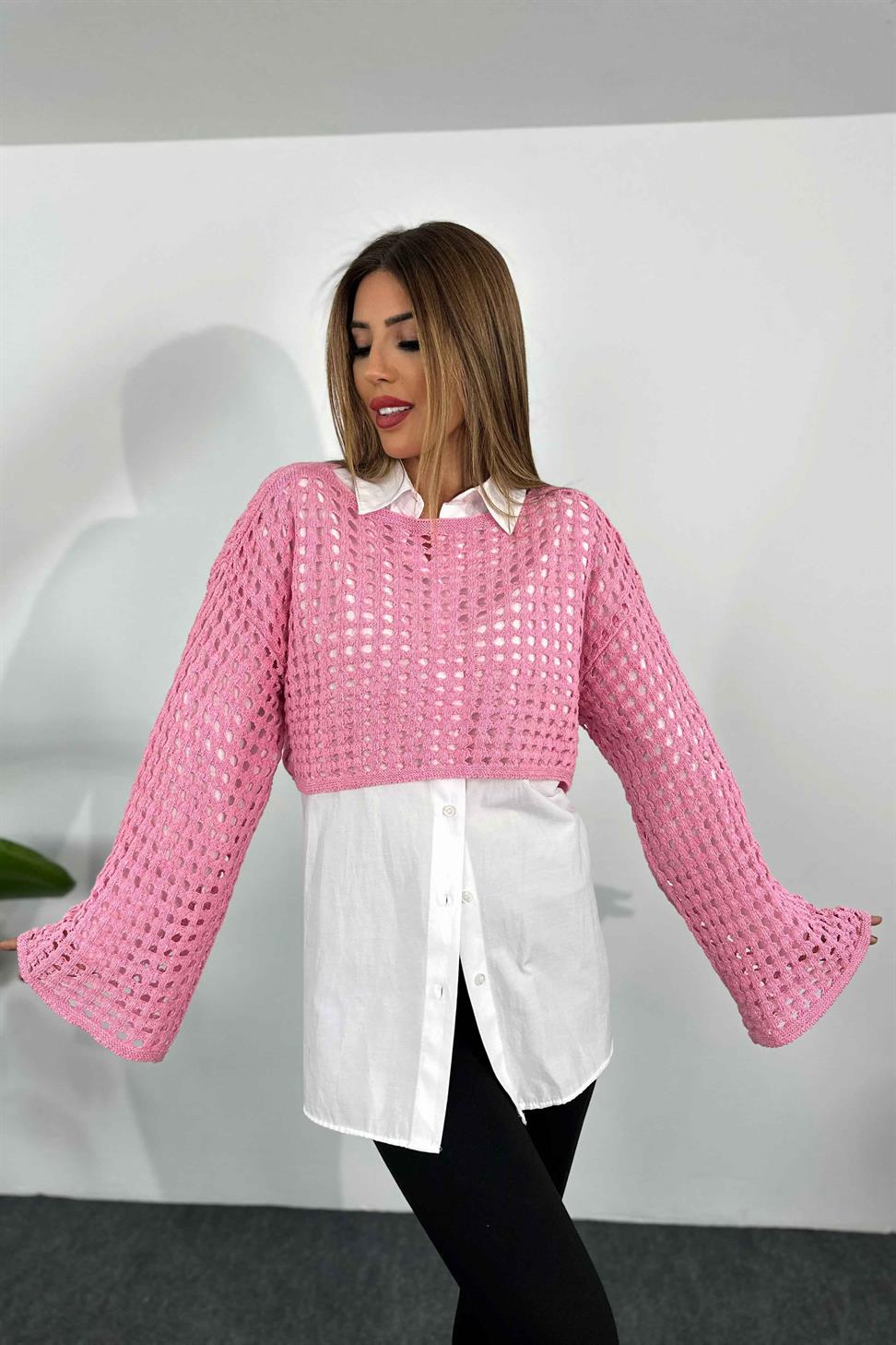 Ajurlu Oversize Örme Triko Crop Kazak Şeker Pembesi