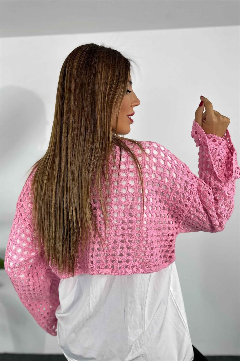 Ajurlu Oversize Örme Triko Crop Kazak Şeker Pembesi