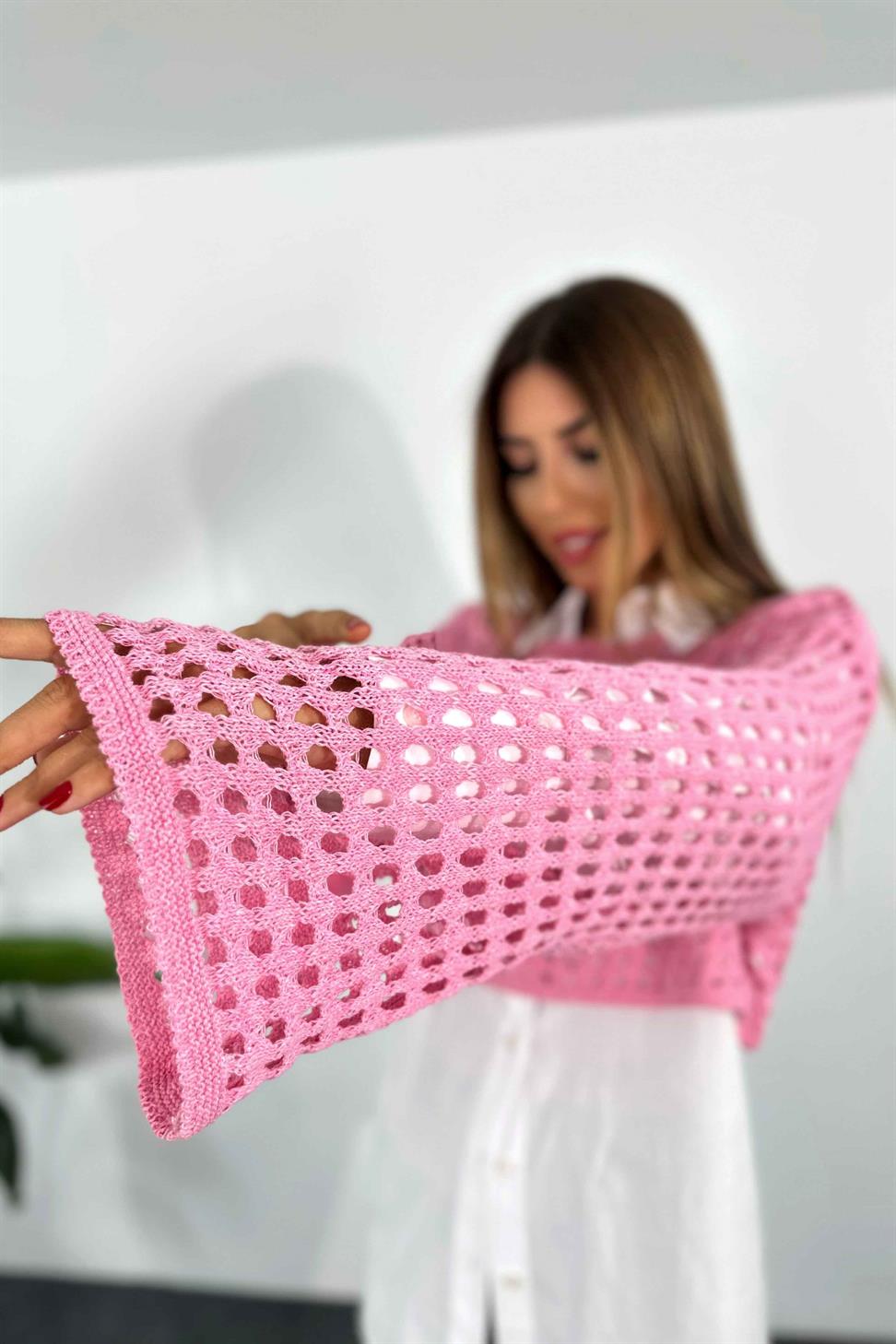 Ajurlu Oversize Örme Triko Crop Kazak Şeker Pembesi
