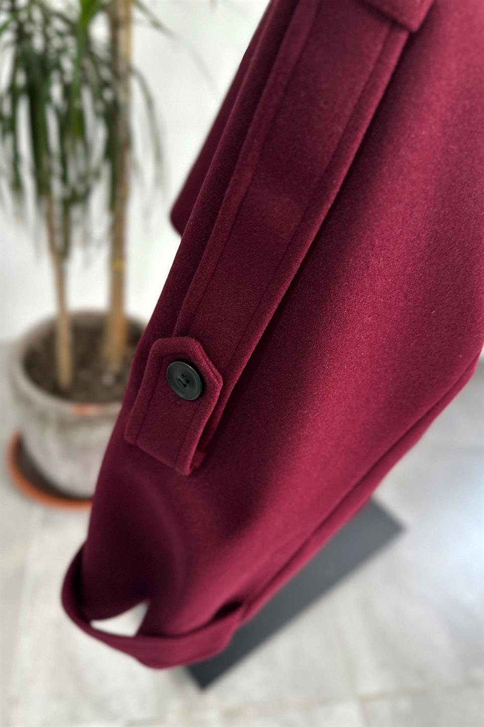 Lüx Kalite Apoletli Kalın Kaşe Kaban Bordo