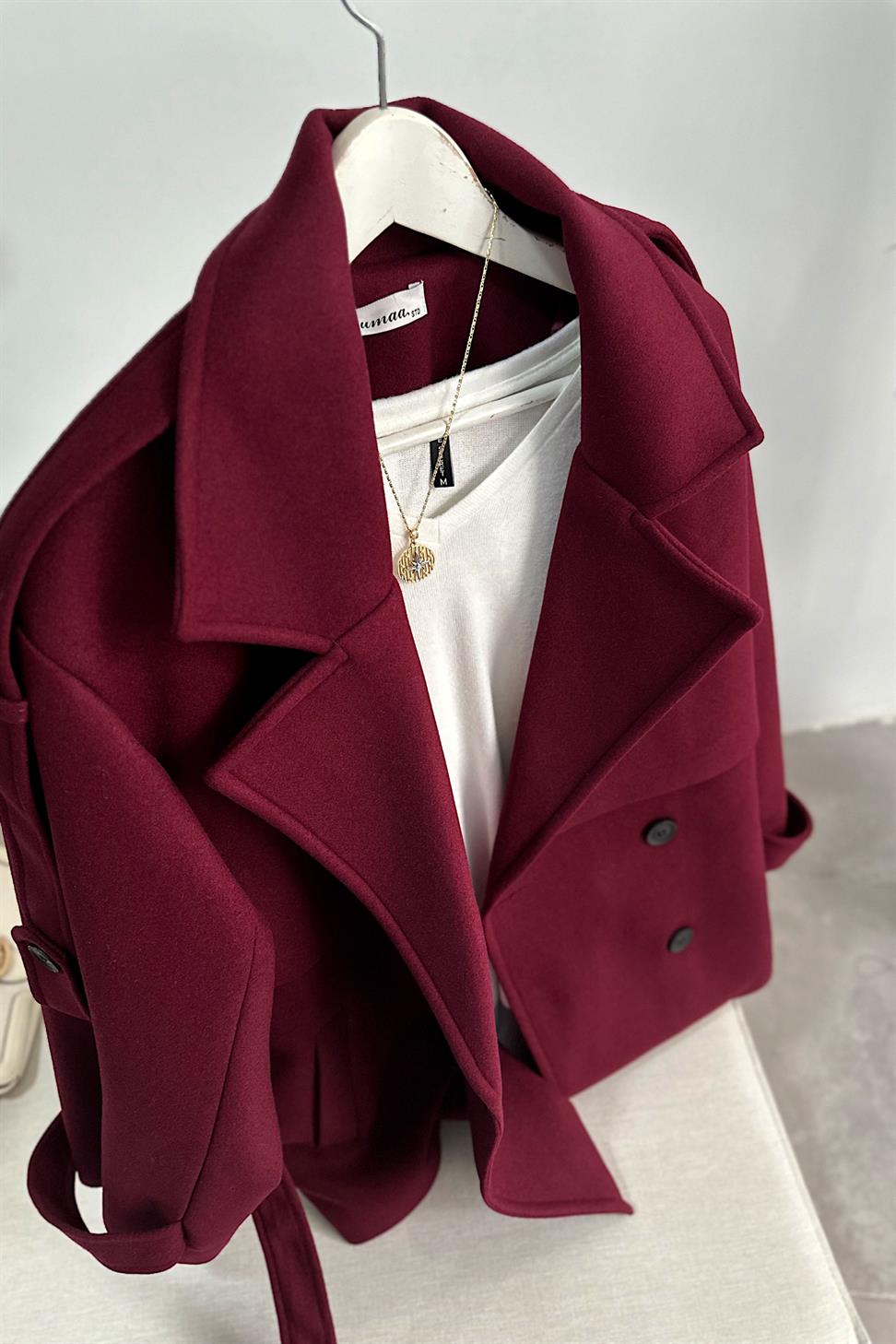 Lüx Kalite Apoletli Kalın Kaşe Kaban Bordo