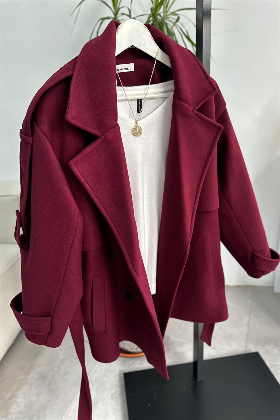 Lüx Kalite Apoletli Kalın Kaşe Kaban Bordo