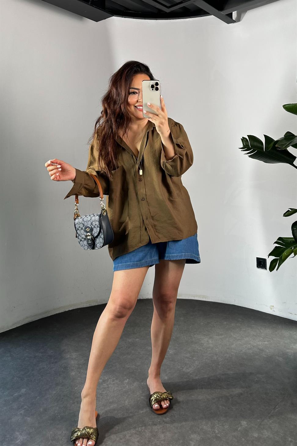 Lüx Kalite Basic Salaş Gömlek Acı Kahve