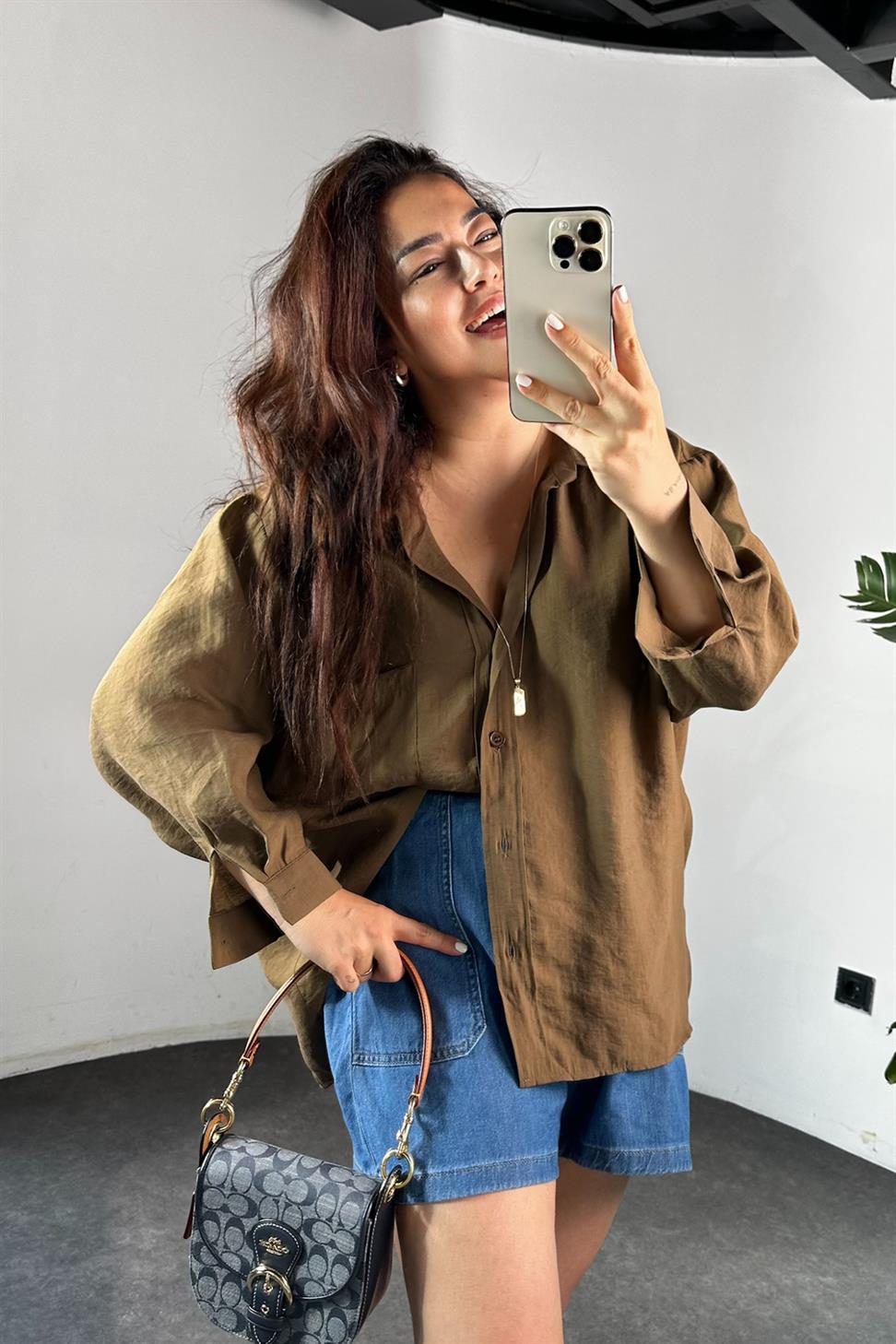 Lüx Kalite Basic Salaş Gömlek Acı Kahve