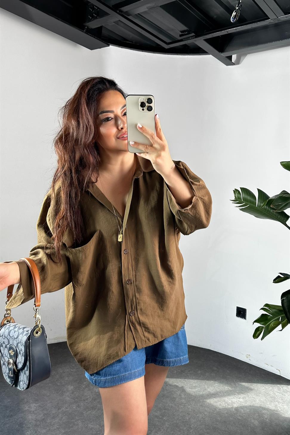 Lüx Kalite Basic Salaş Gömlek Acı Kahve