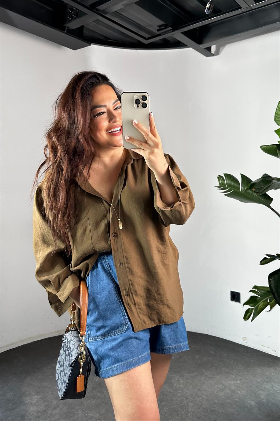 Lüx Kalite Basic Salaş Gömlek Acı Kahve