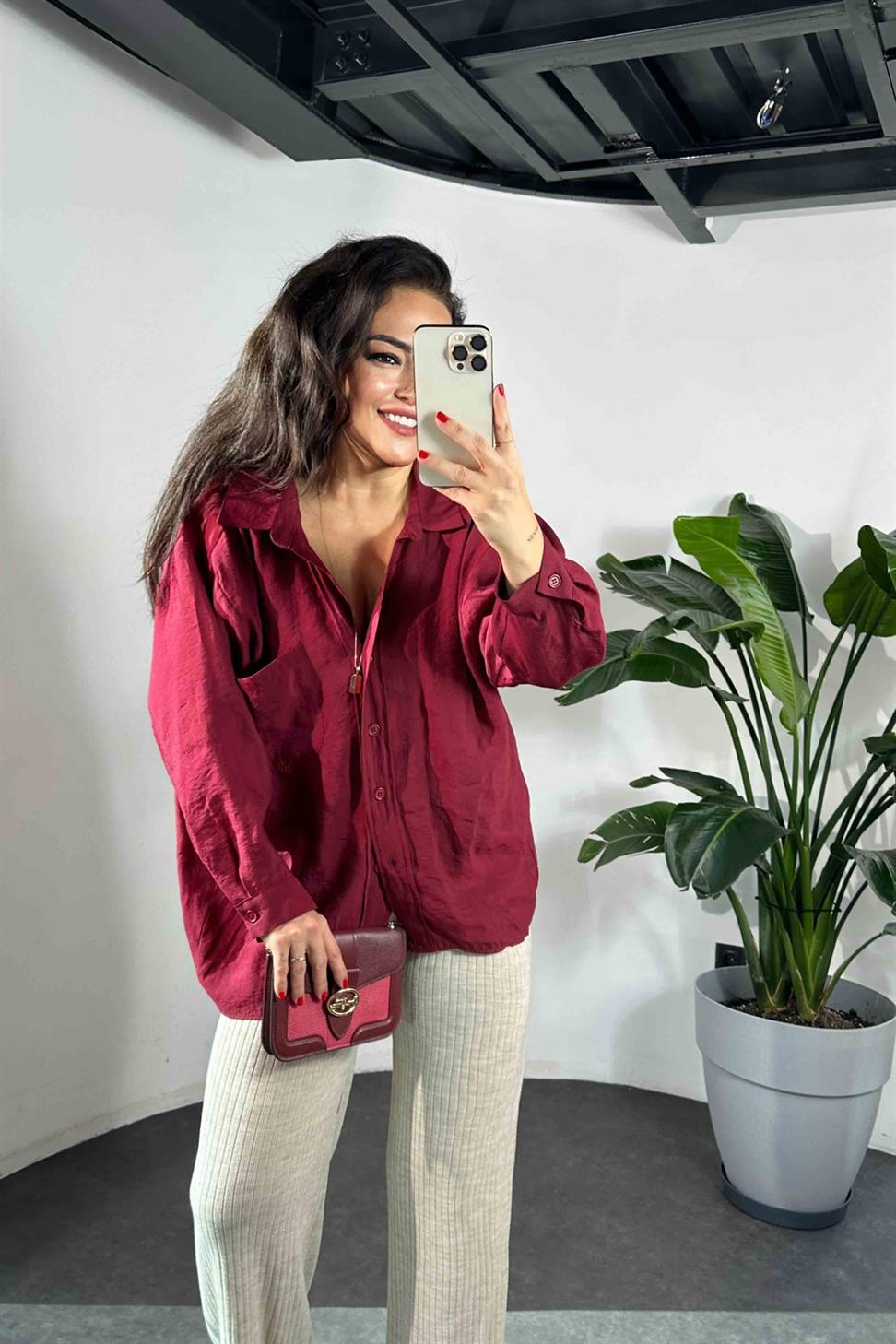 Lüx Kalite Basic Salaş Gömlek Bordo