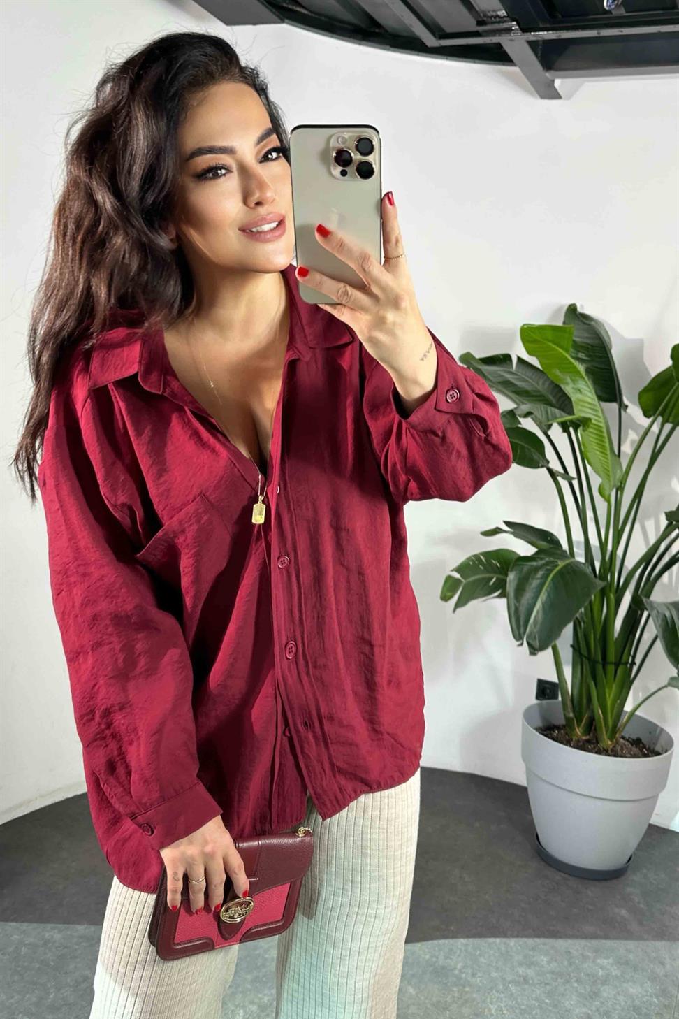 Lüx Kalite Basic Salaş Gömlek Bordo