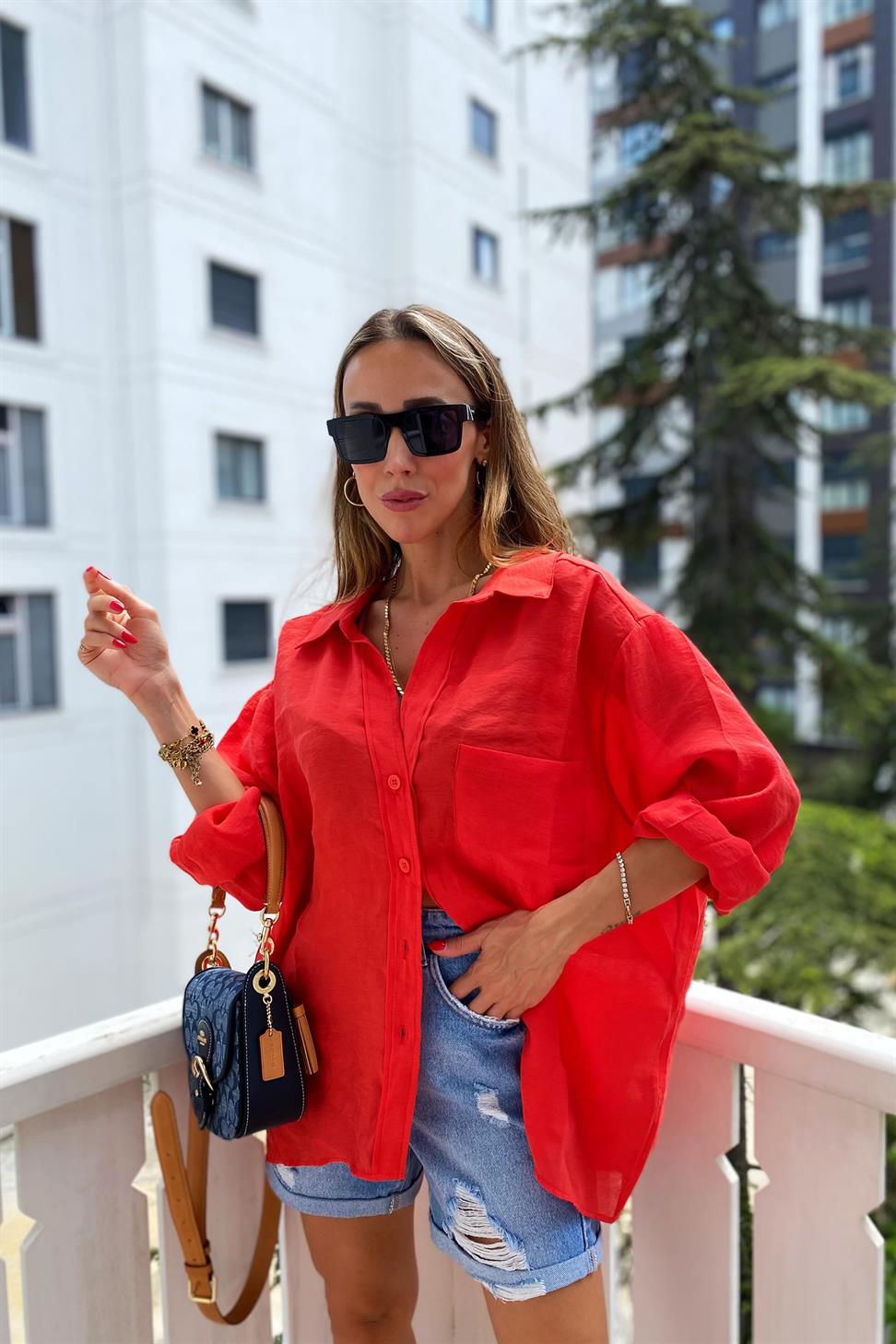 Lüx Kalite Basic Salaş Gömlek Kırmızı