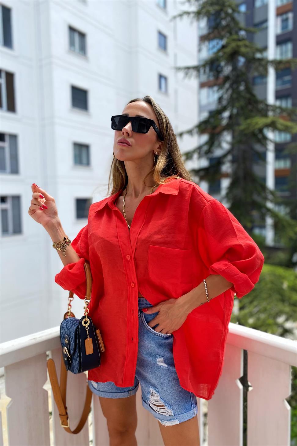 Lüx Kalite Basic Salaş Gömlek Kırmızı