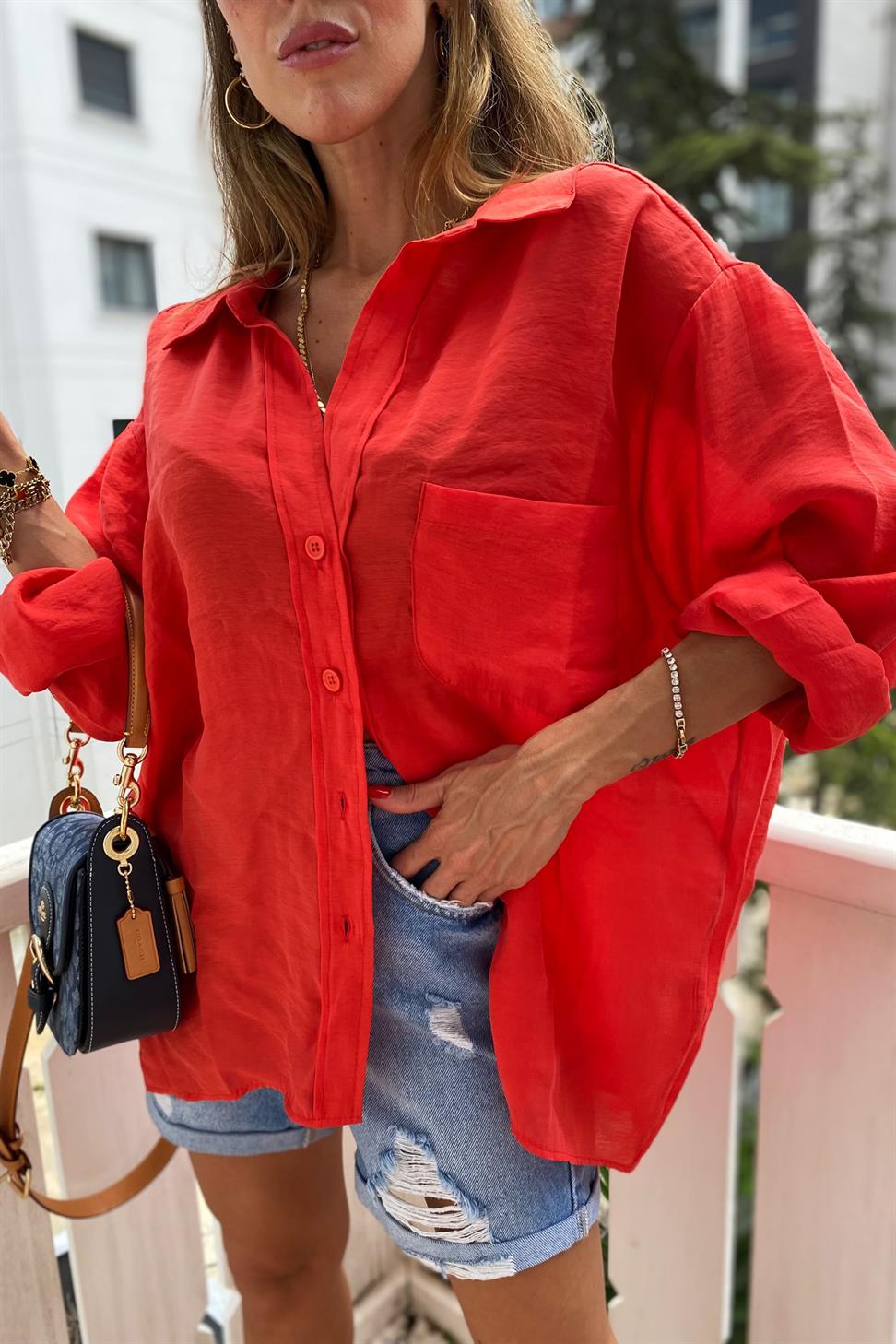 Lüx Kalite Basic Salaş Gömlek Kırmızı