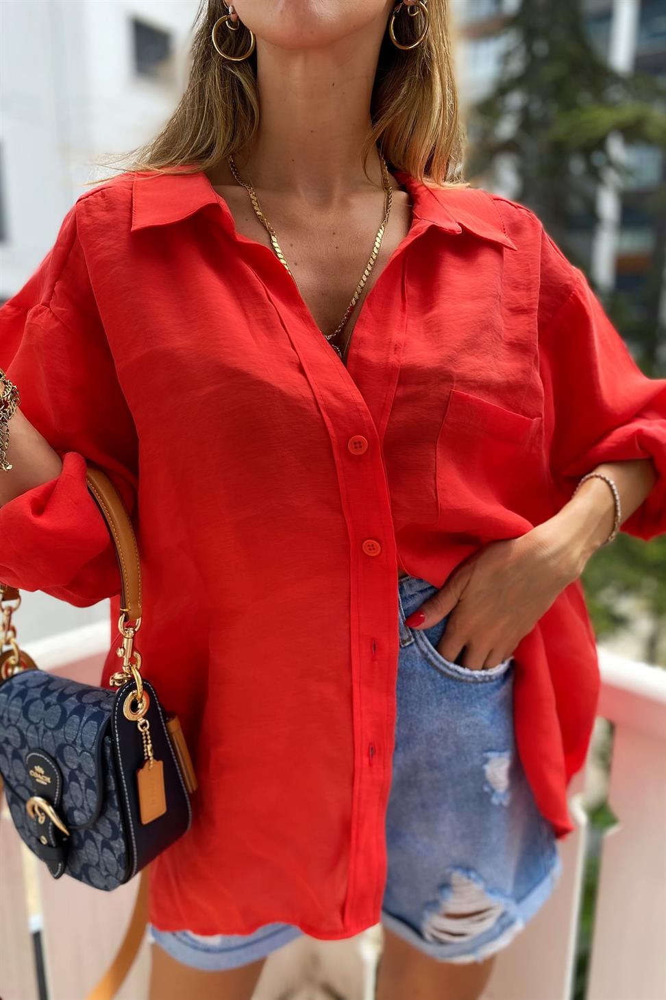 Lüx Kalite Basic Salaş Gömlek Kırmızı