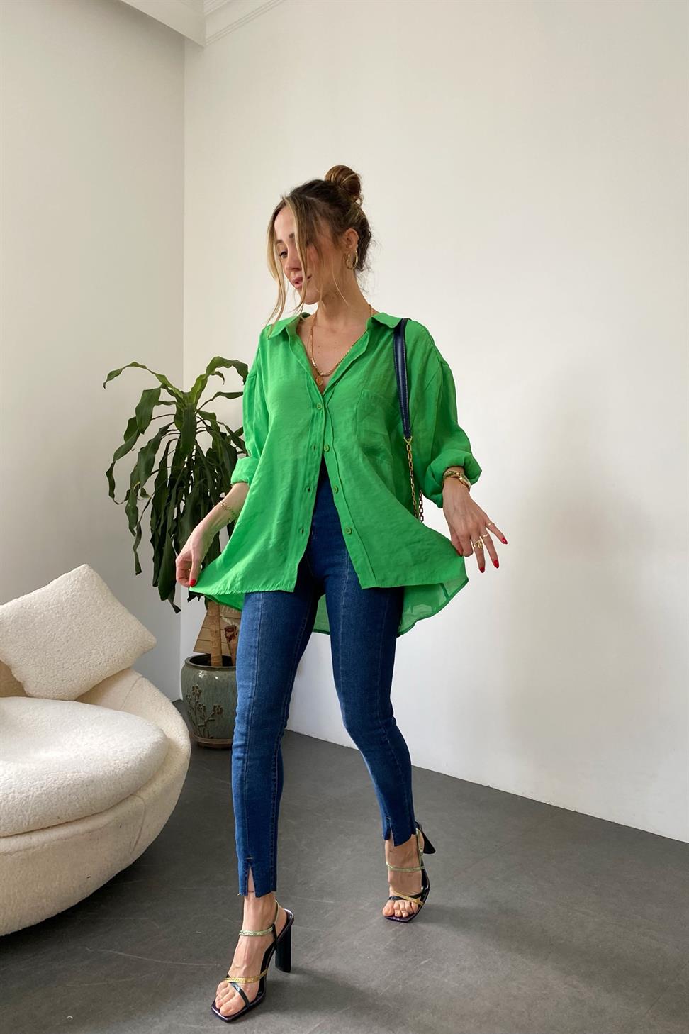 Lüx Kalite Basic Salaş Gömlek Koyu Yeşil