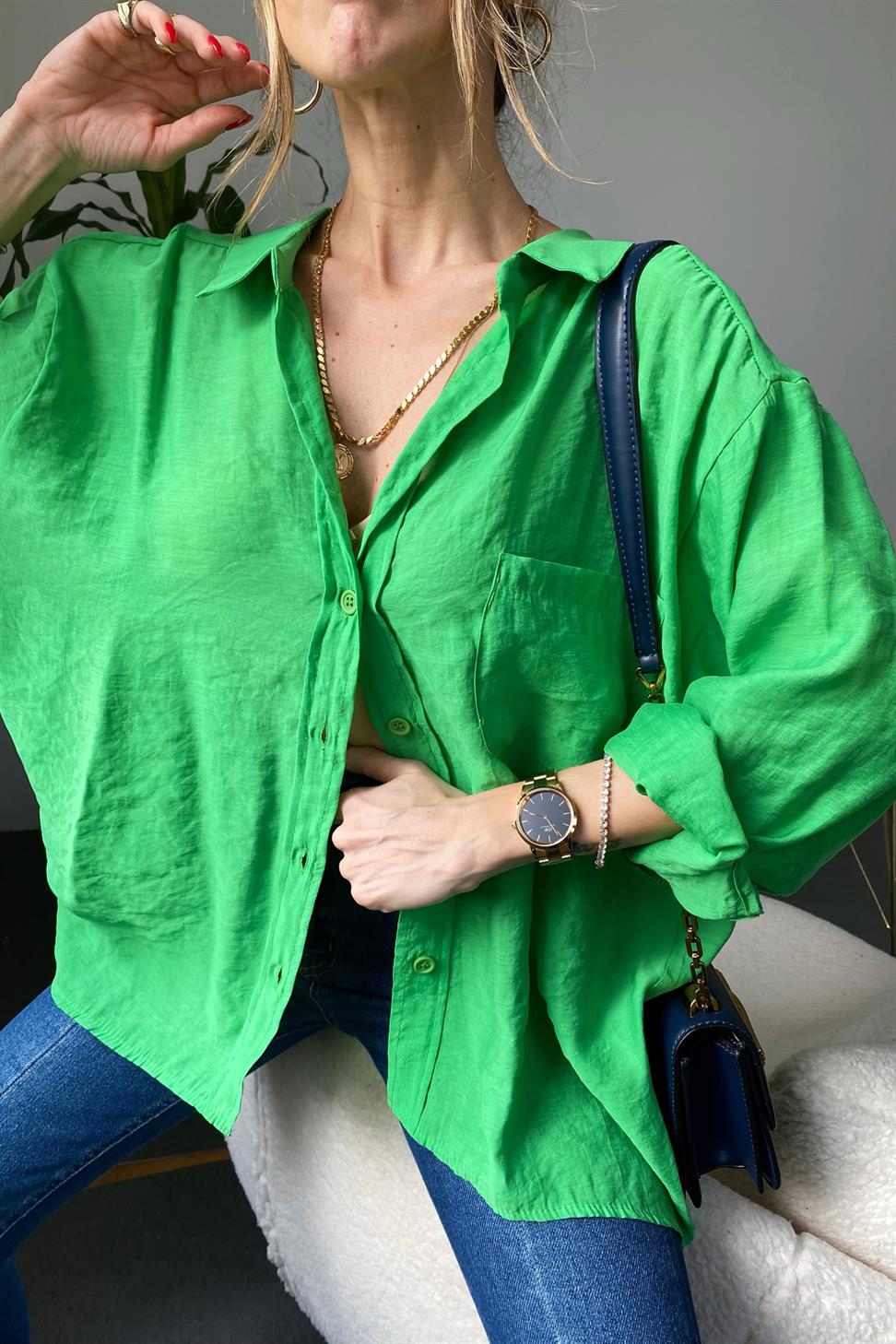 Lüx Kalite Basic Salaş Gömlek Koyu Yeşil