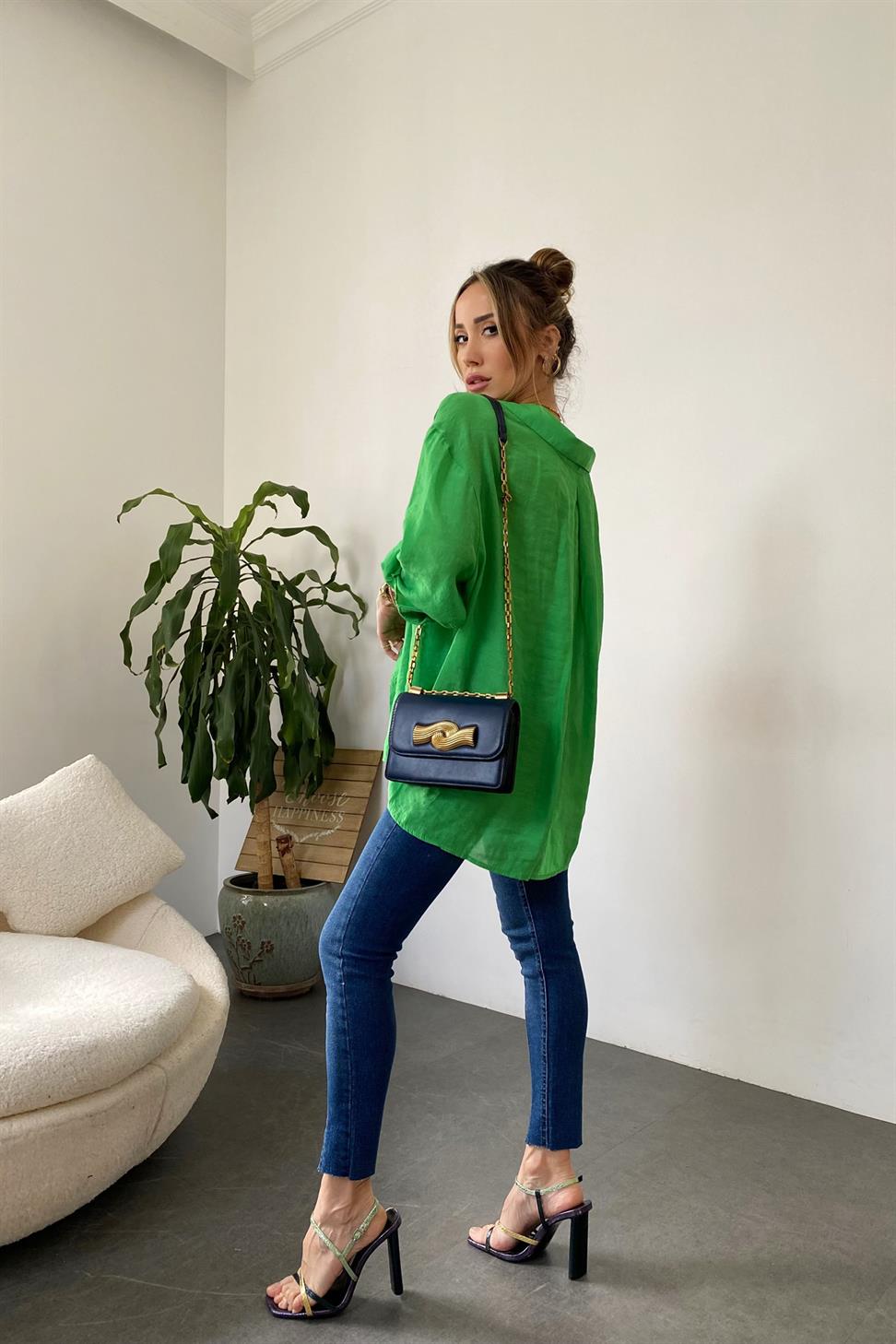 Lüx Kalite Basic Salaş Gömlek Koyu Yeşil