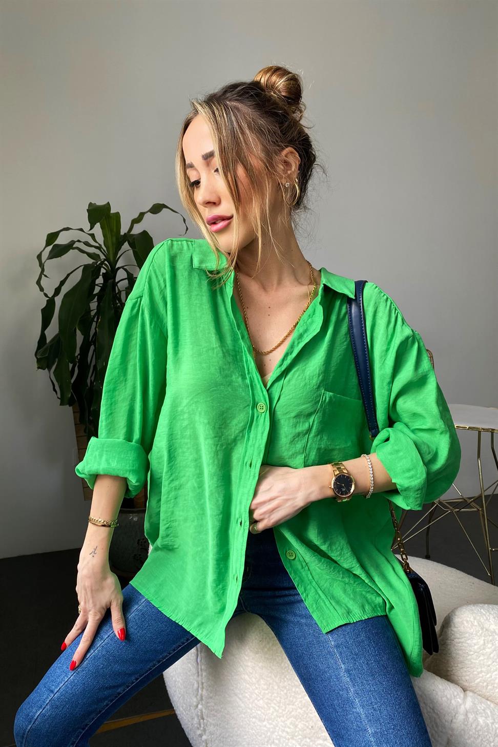 Lüx Kalite Basic Salaş Gömlek Koyu Yeşil