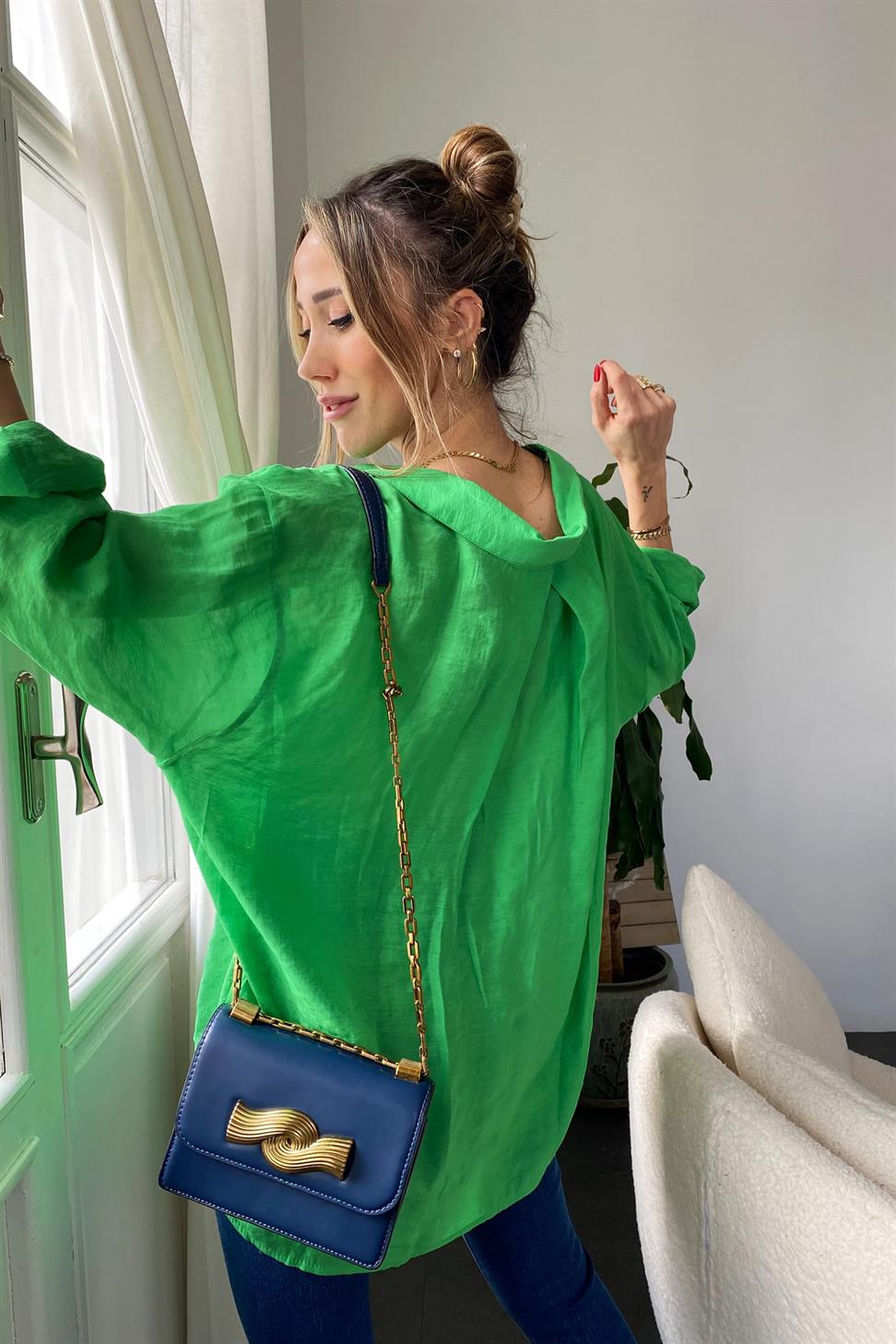 Lüx Kalite Basic Salaş Gömlek Koyu Yeşil