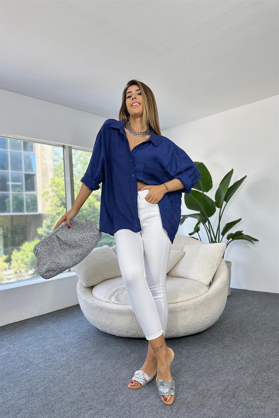 Lüx Kalite Basic Salaş Gömlek Lacivert