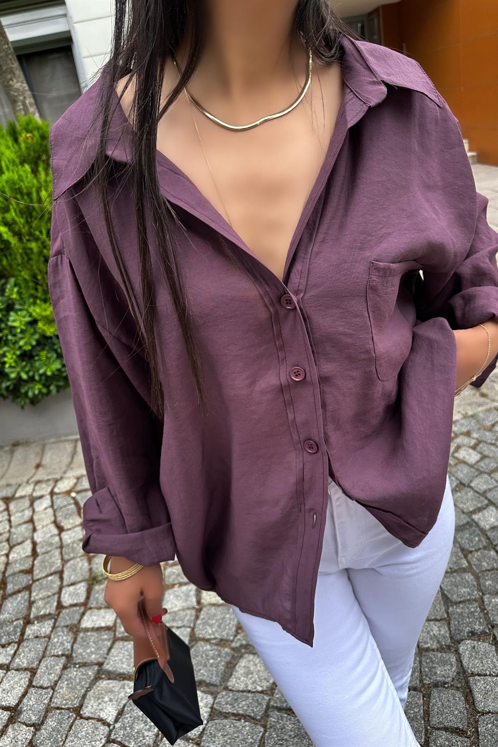 Lüx Kalite Basic Salaş Gömlek Mürdüm