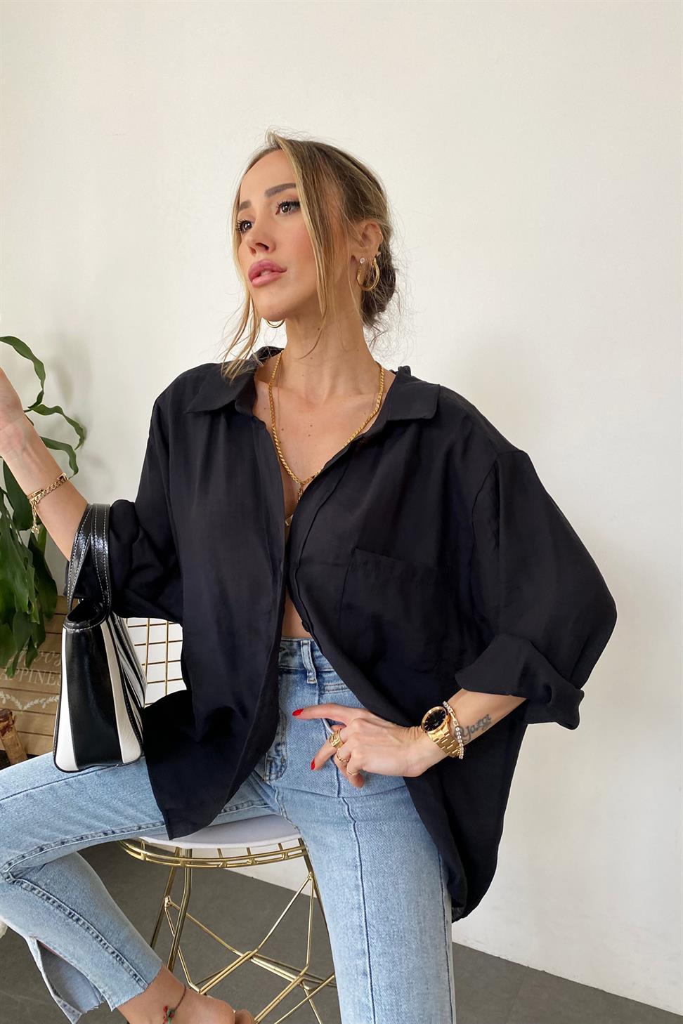 Lüx Kalite Basic Salaş Gömlek Siyah