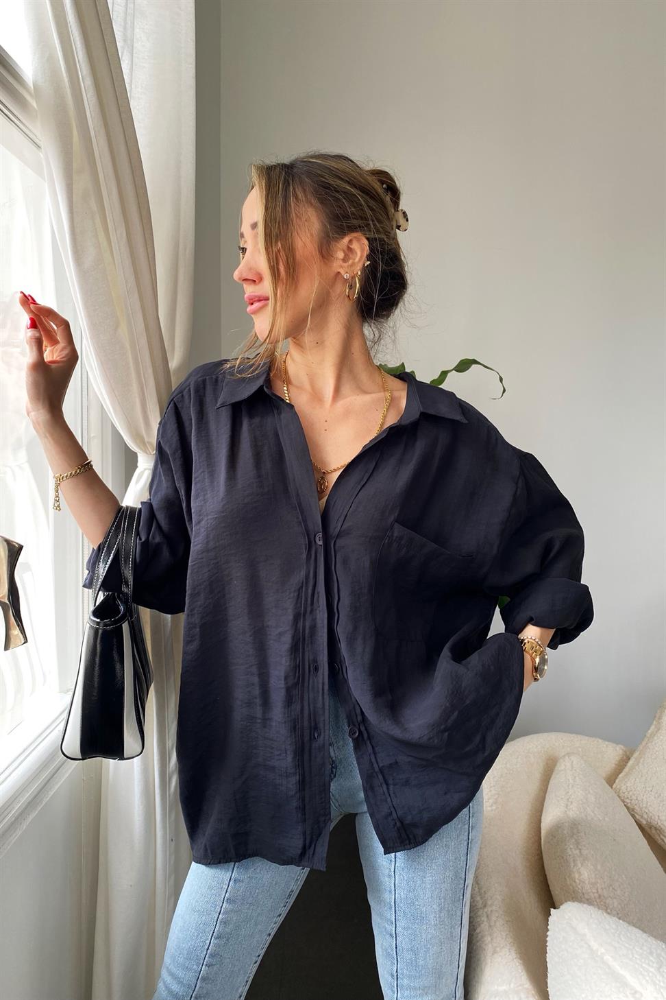 Lüx Kalite Basic Salaş Gömlek Siyah