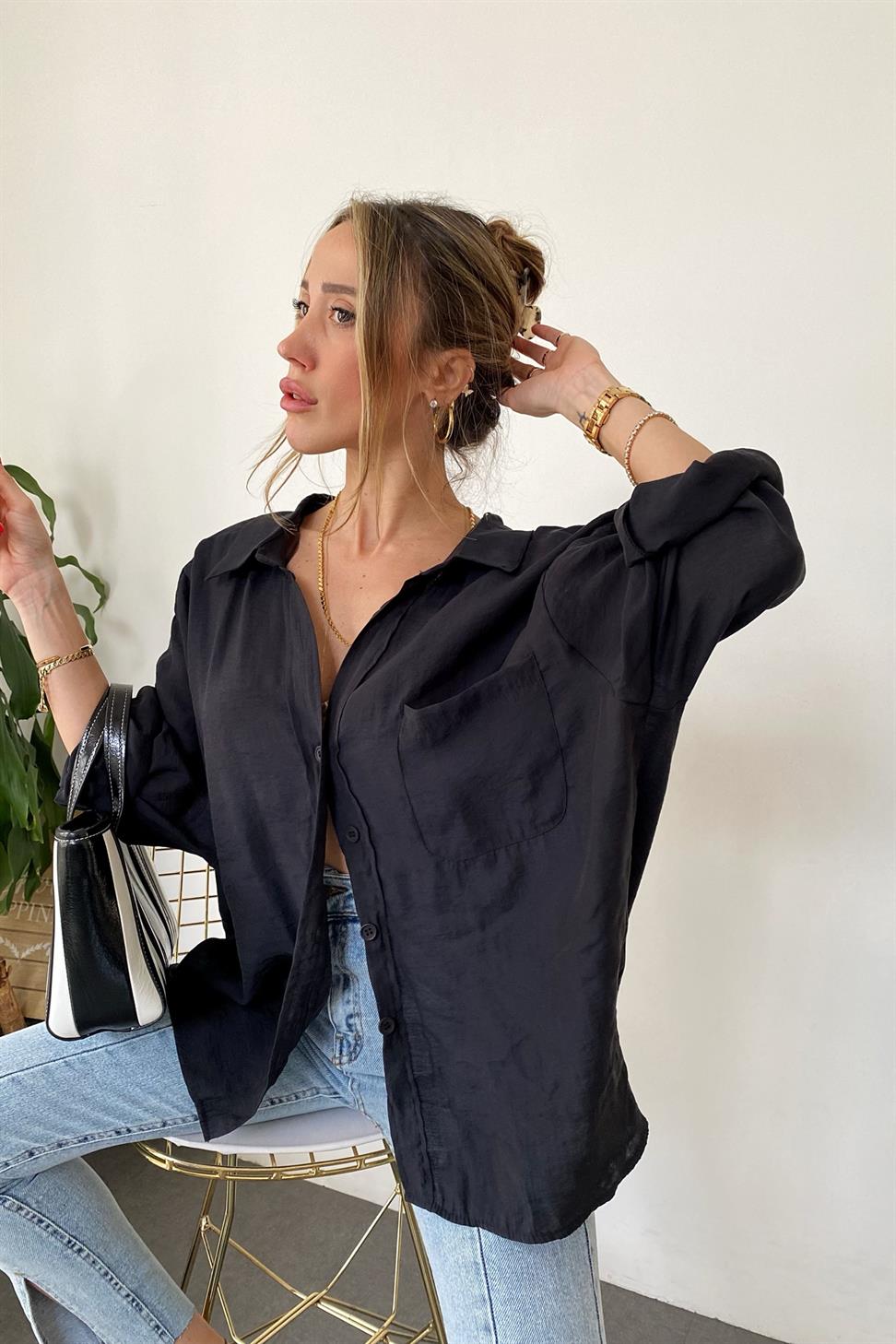 Lüx Kalite Basic Salaş Gömlek Siyah