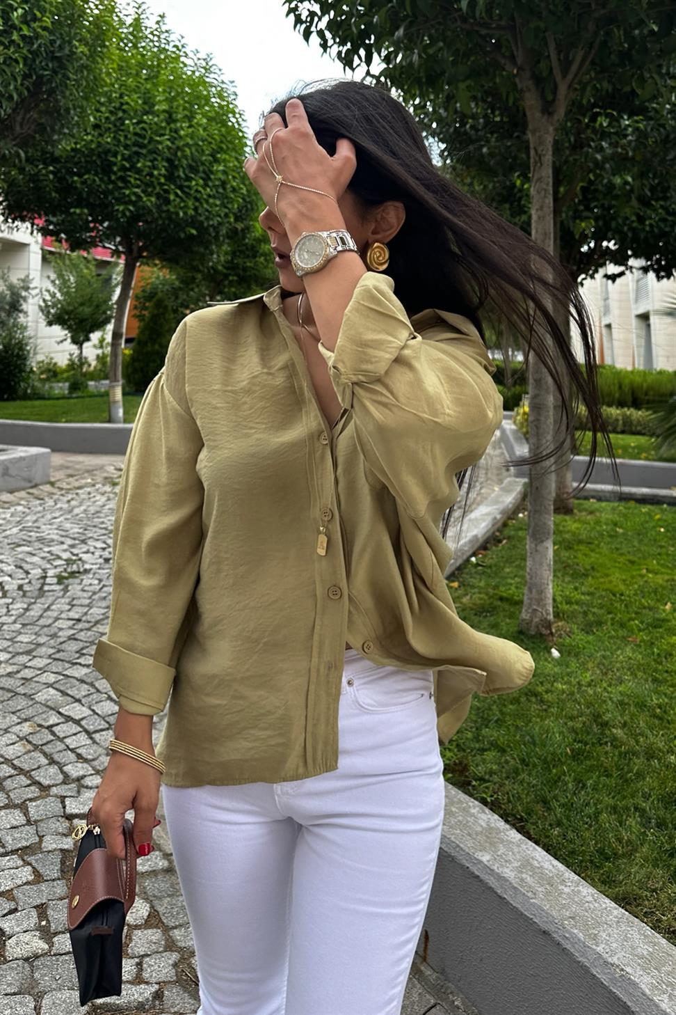 Lüx Kalite Basic Salaş Gömlek Yağ Yeşili