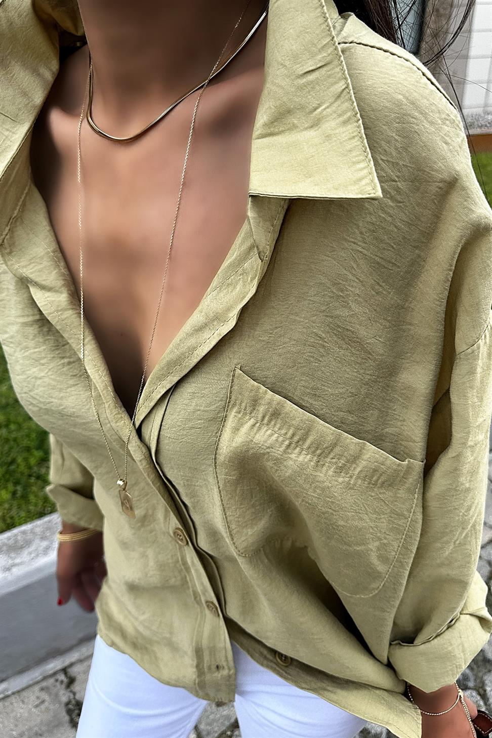 Lüx Kalite Basic Salaş Gömlek Yağ Yeşili