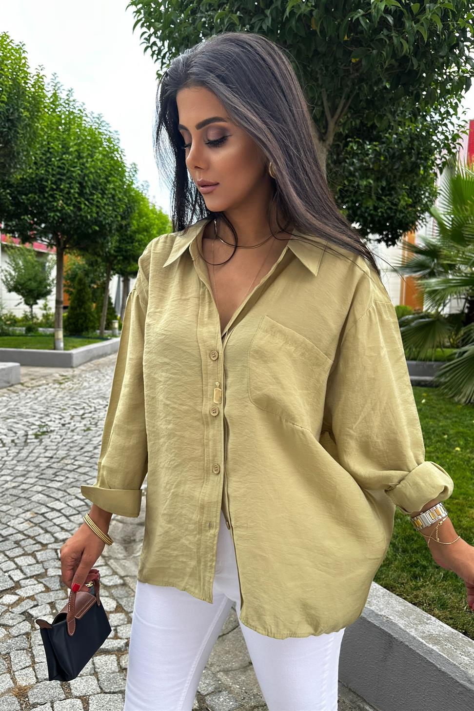 Lüx Kalite Basic Salaş Gömlek Yağ Yeşili