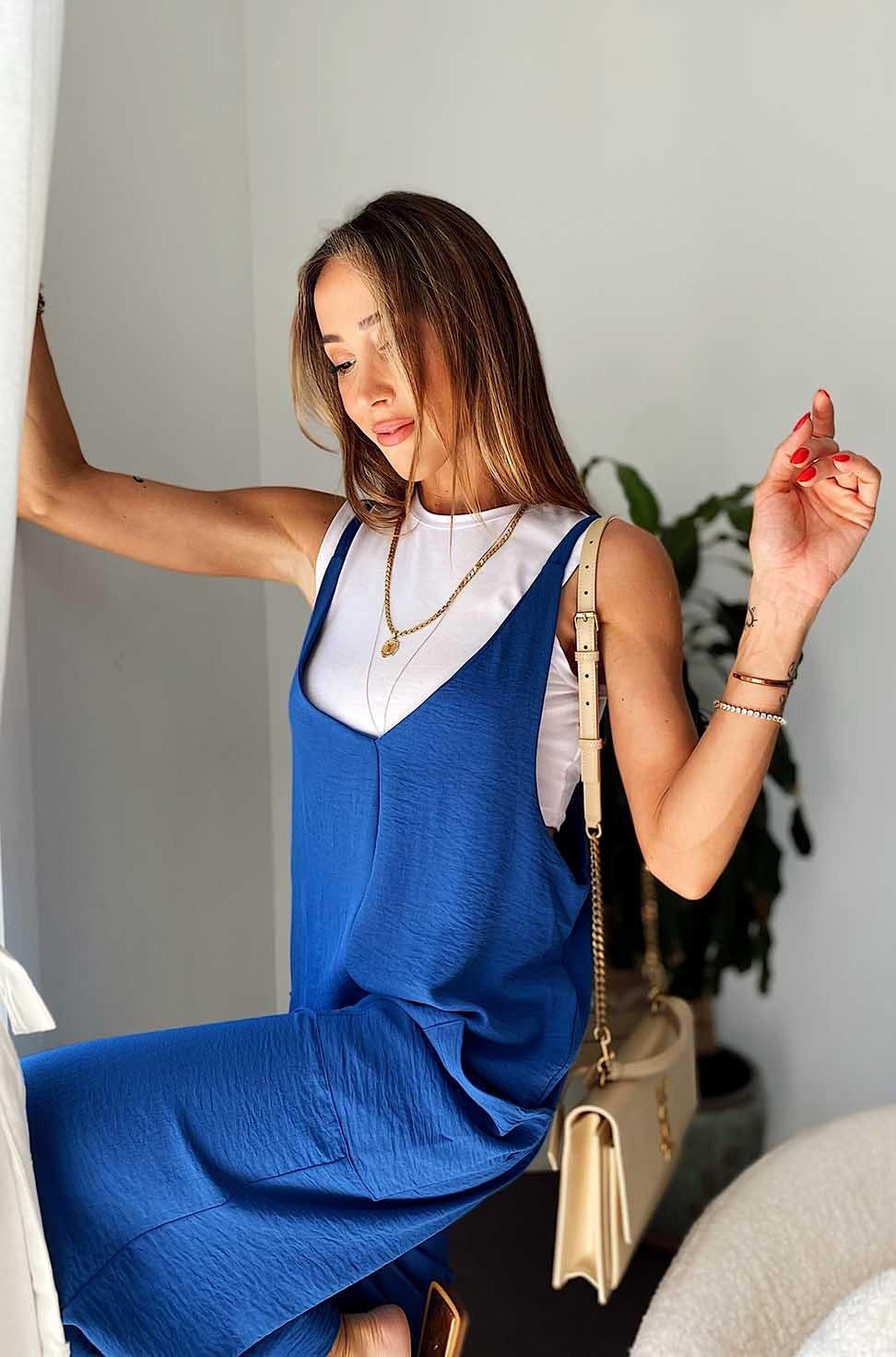 Lüx Kalite Bol Paça Salaş Midi Tulum İndigo Mavi