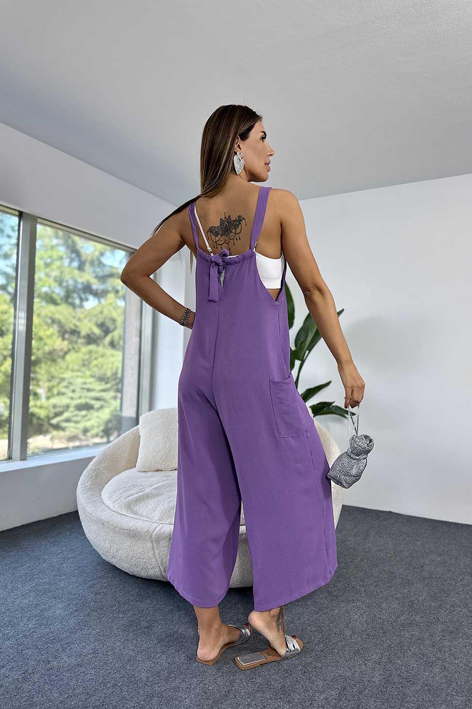 Lüx Kalite Bol Paça Salaş Midi Tulum Lila