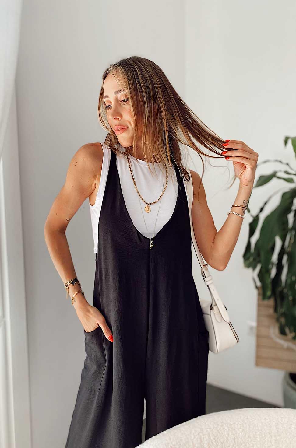 Lüx Kalite Bol Paça Salaş Midi Tulum Siyah