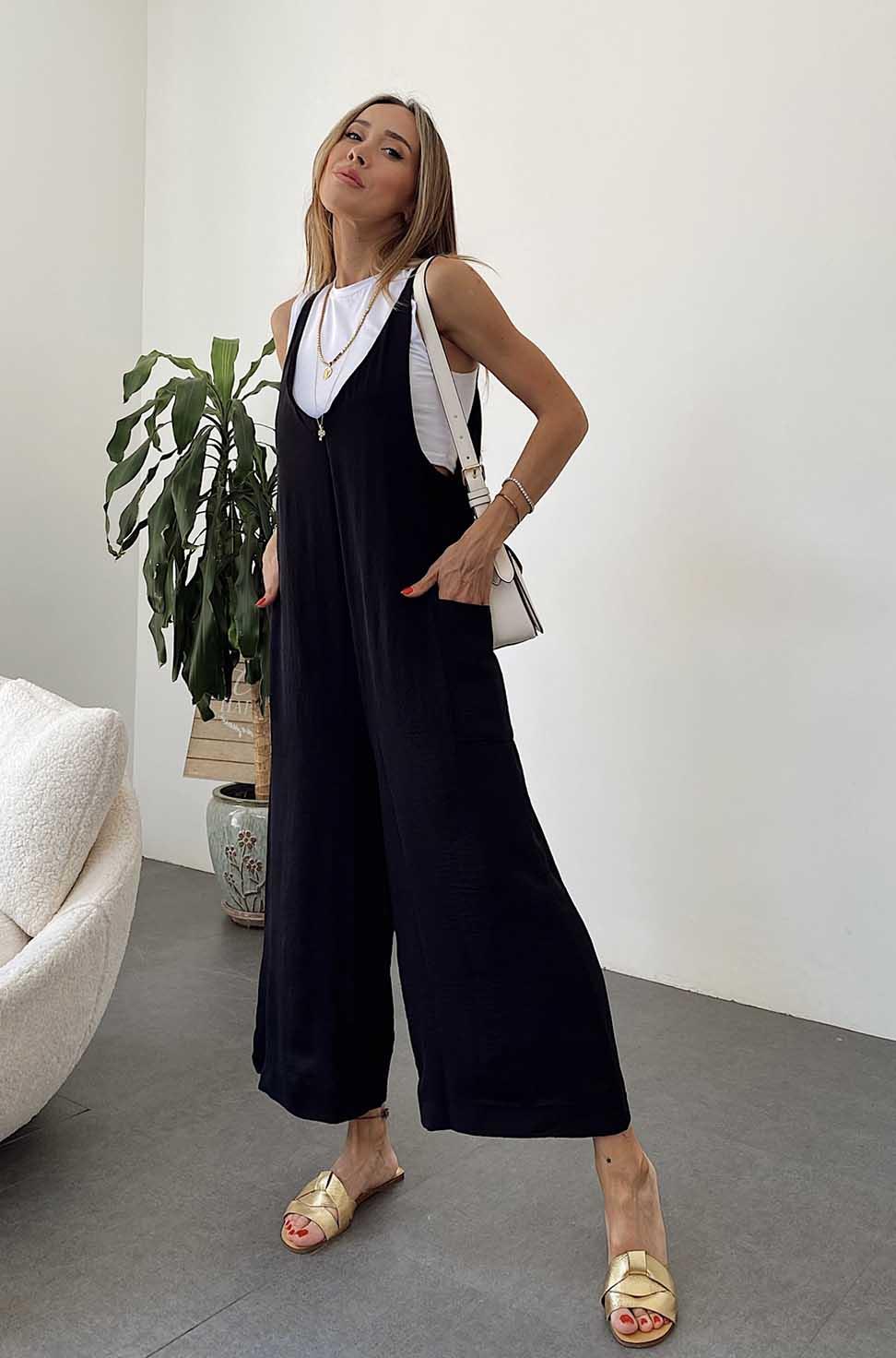 Lüx Kalite Bol Paça Salaş Midi Tulum Siyah