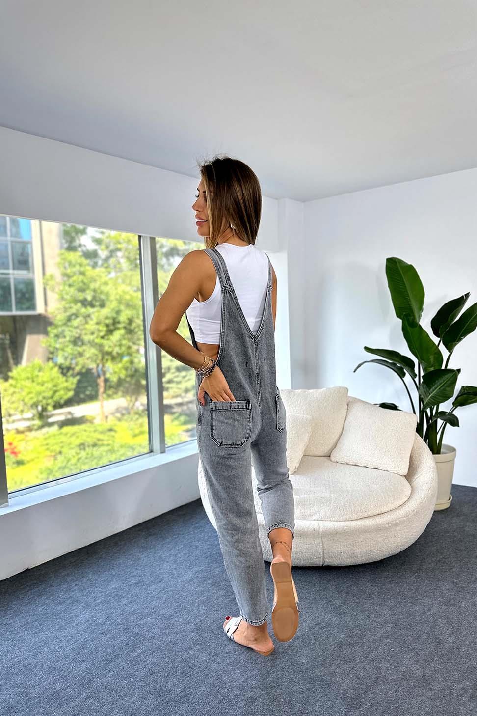 Lüx Kalite Cep Detaylı Salopet Tulum Gri