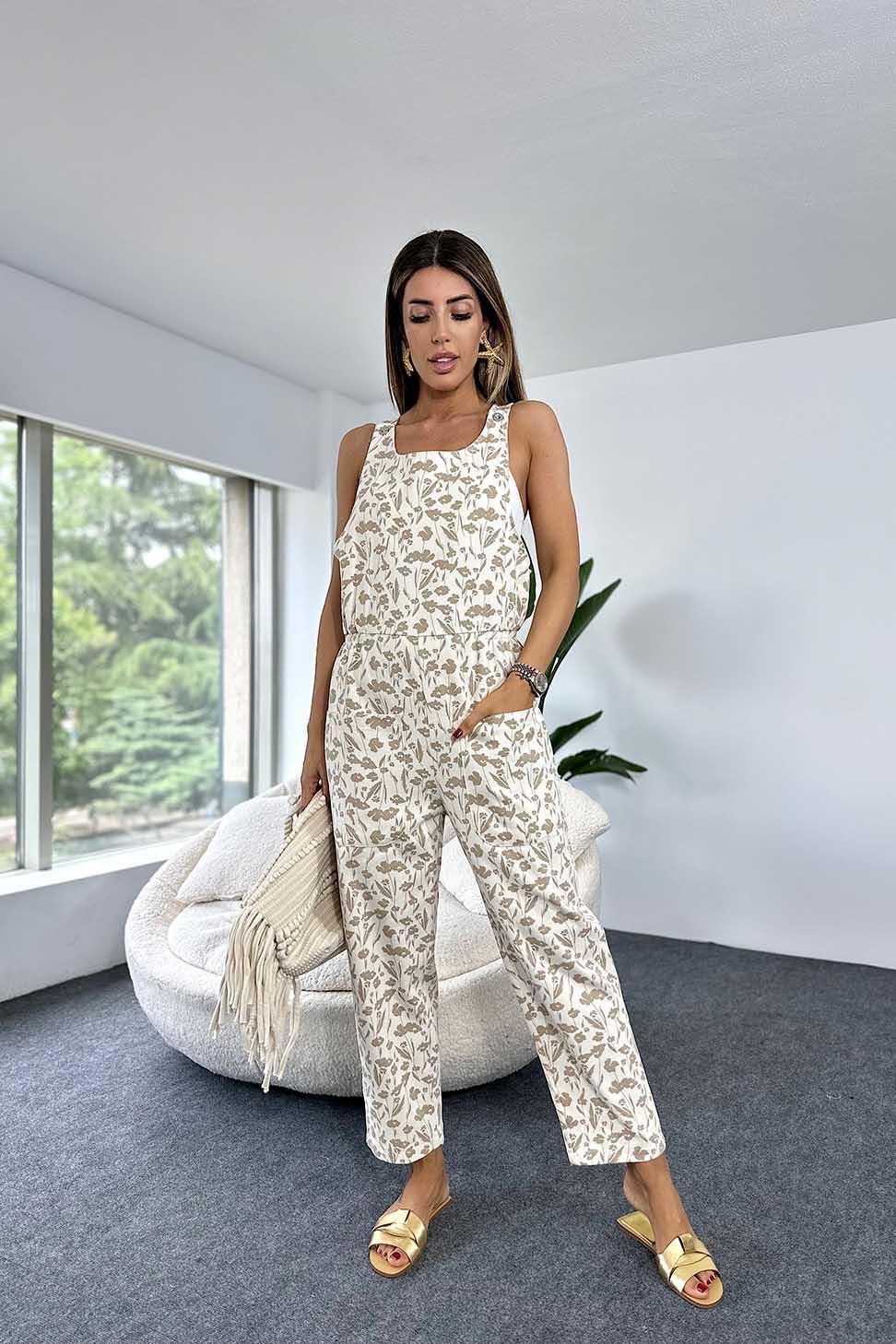 Lüx Kalite Çiçek Desenli Ön Cep Detaylı Tulum Bej