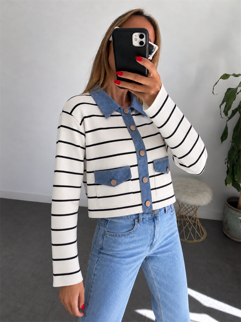 Lüx Kalite Denim Cep Kapak ve Yakalı Çelik Triko Hırka Beyaz 