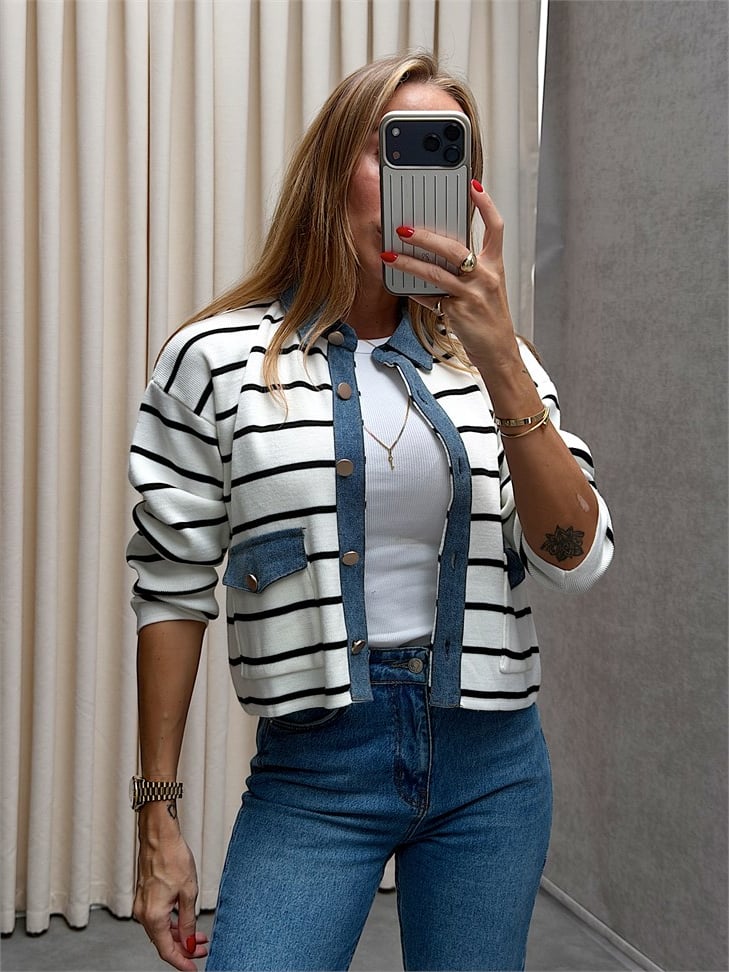Lüx Kalite Denim Cep Kapak ve Yakalı Çelik Triko Hırka Beyaz 